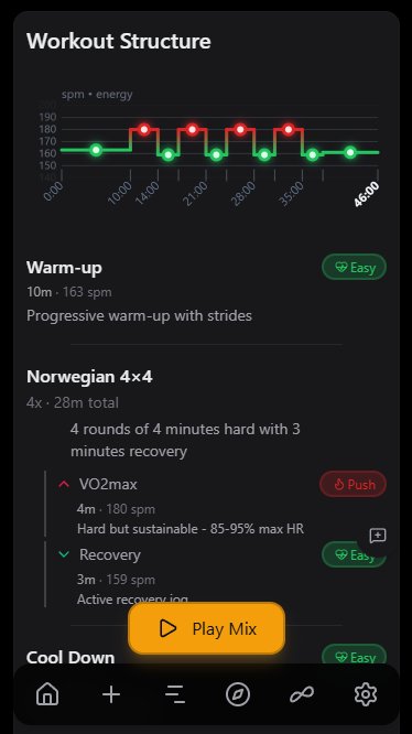 Beatpace workout builder showing a Norwegian 4×4 session with blocks, durations, and BPMs.