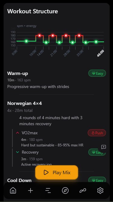 Beatpace workout builder showing a Norwegian 4×4 session with blocks, durations, and BPMs.