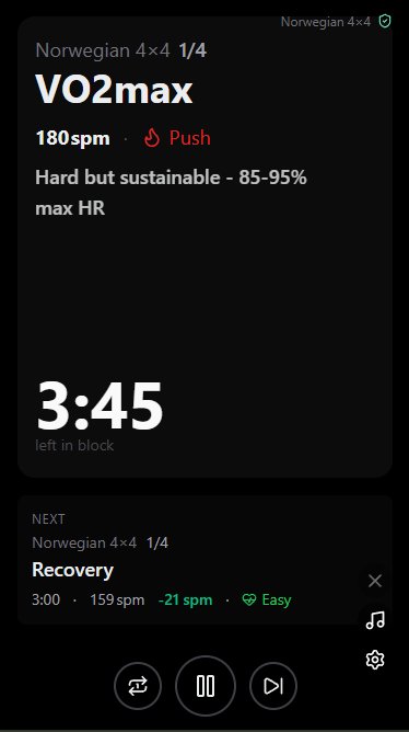 Beatpace playback view mid-workout showing current block, BPM, time remaining, and next block.