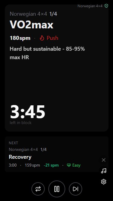 Beatpace playback view mid-workout showing current block, BPM, time remaining, and next block.