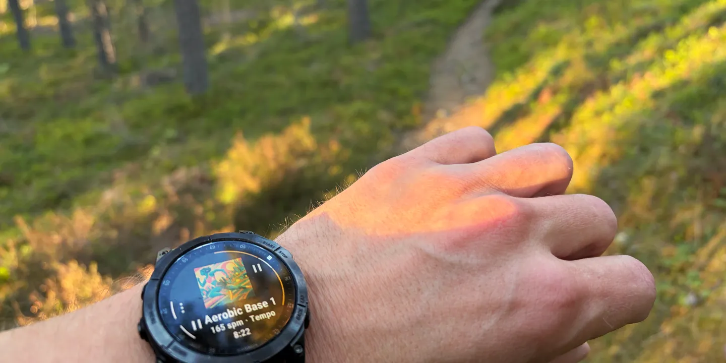 The Beatpace Garmin app running on a watch out in the field.