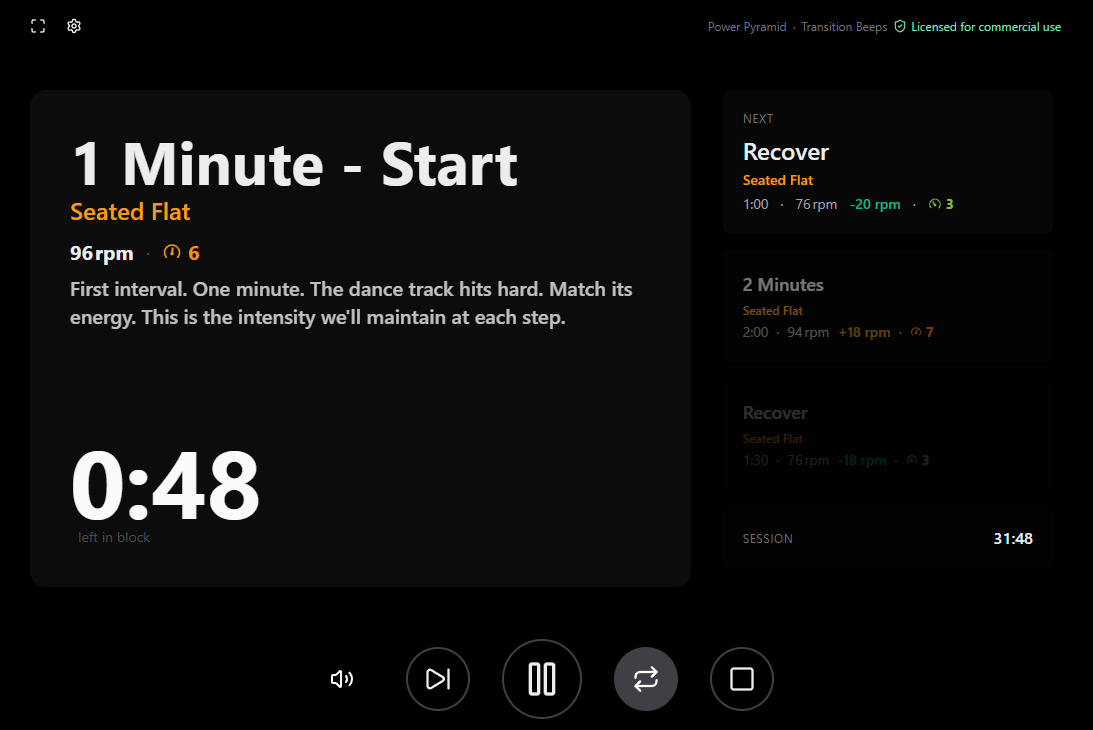 Beatpace class mode with large block name, countdown timer, and upcoming cues
